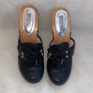 Michael Kors Black Leather Mules with Wood Accents
